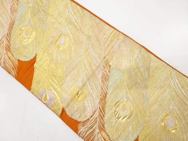 JAPANESE KIMONO / ANTIQUE FUKURO OBI / SILK / WOVEN PEACOCK FEATHERS